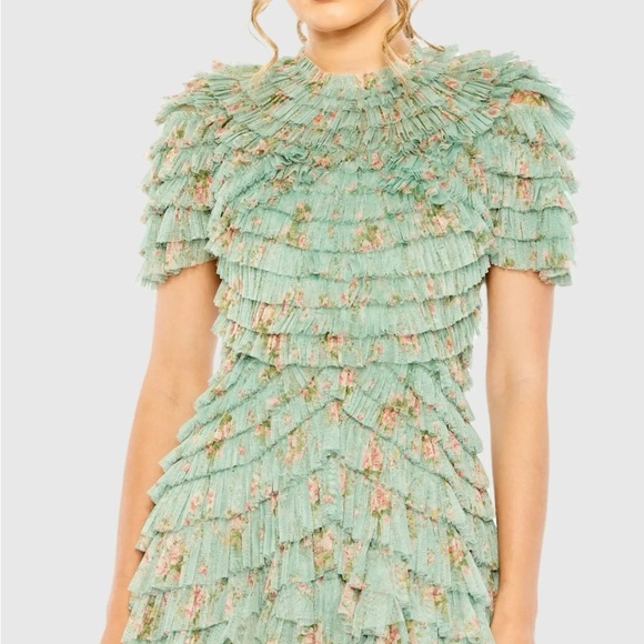 NWT Mac Duggal 8014 Green Ruffle Tiered Short Sleeve A Line Dress Size 6 - Picture 2 of 15